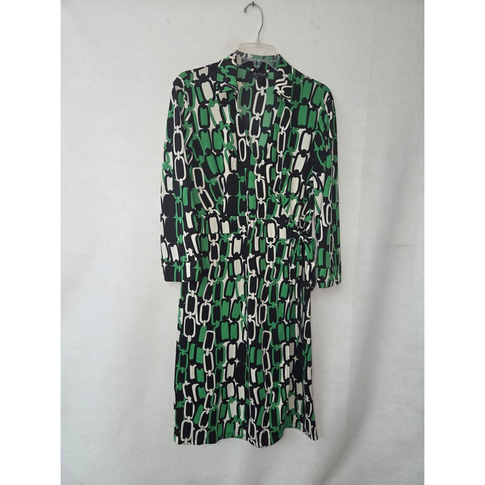 Russell Kemp Faux Wrap Dress Women XL Green Black Geometric Chain Link 3/4 Sleev